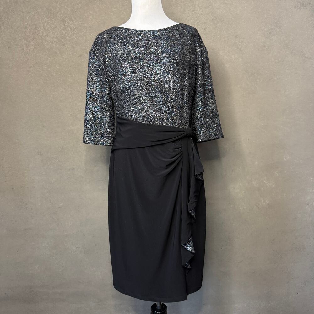 Joseph Ribkoff Black Glitter Dress Size 12 Tie Waist Cocktail